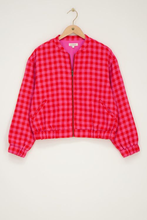 Rood & roze oversized bomber jasje met ruitjes