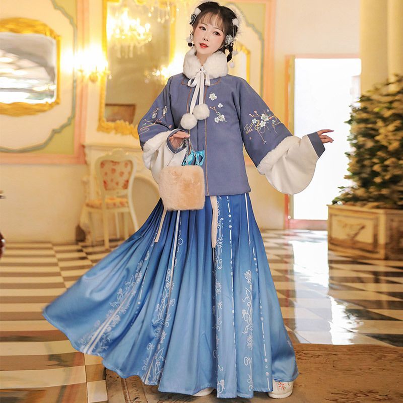 Francoix - Hanfu Set van 3: Geborduurde vierkante hals, elleboogmouwen, cropped jas + top met lange mouwen + semi-body print maxi-rok