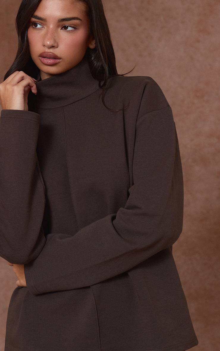 Chocolat Sweat-shirt Col Montant À Coutures Entrelacées