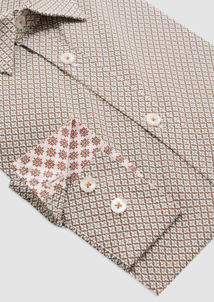Chemise sport Slim en popeline de coton blanc à motif fantaisie marron