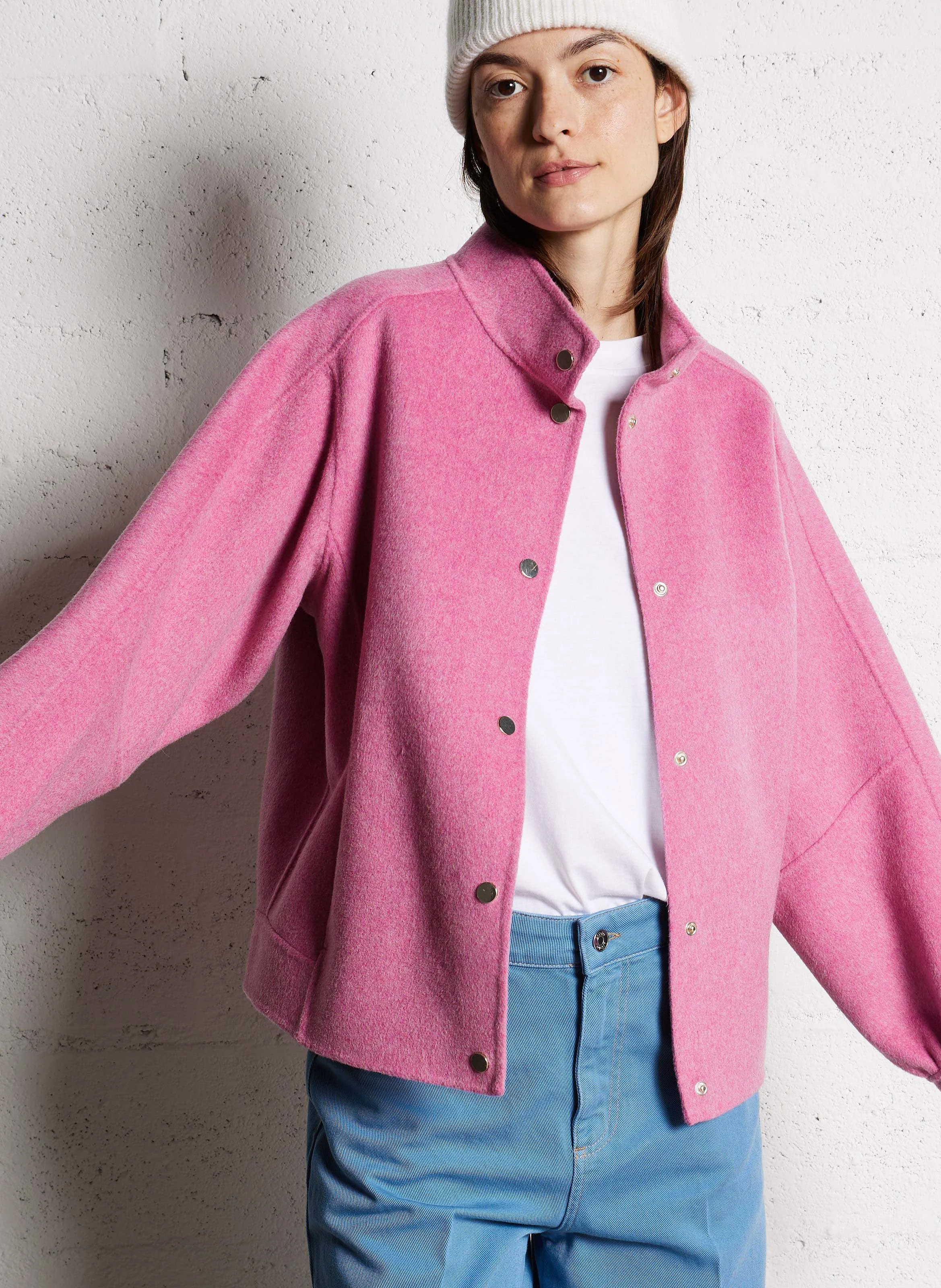 ARTHUR - Veste ample col montant en laine mélangée | Rose