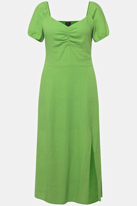 Midikleid, Leinenmix, Smokdetail, Herzausschnitt, Halbarm