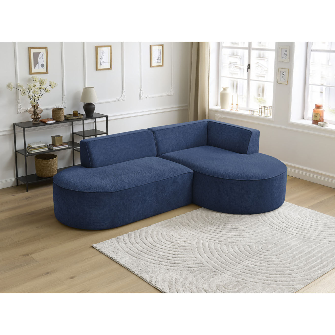Bobochic Canapé d'angle droit fixe 4 places Rousseau texturé bleu foncé - 250x160x72 cm