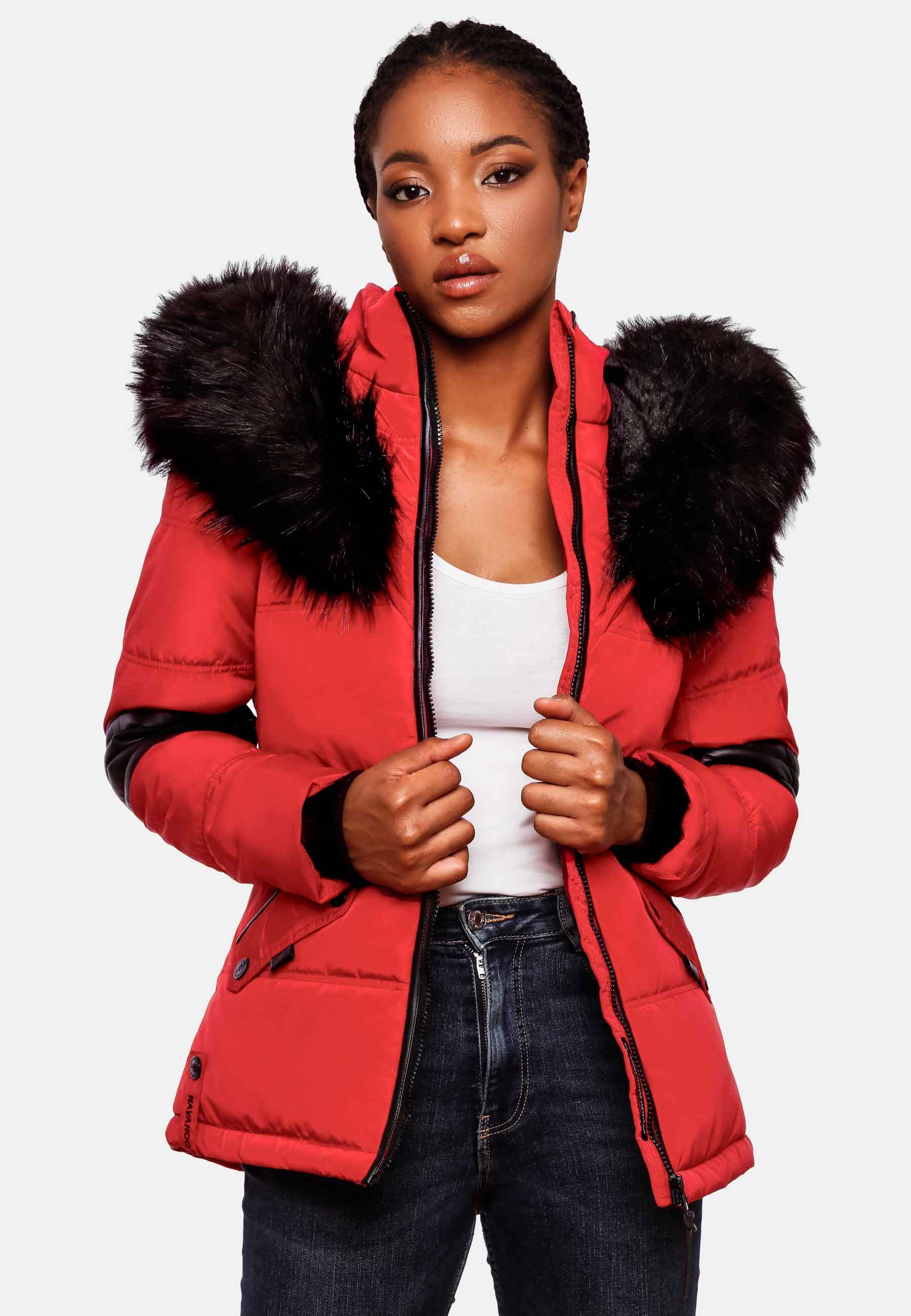 NAVAHOO Damen Winterjacke edle Steppjacke mit Schwarzem Kunstpelzkragen Nirvana