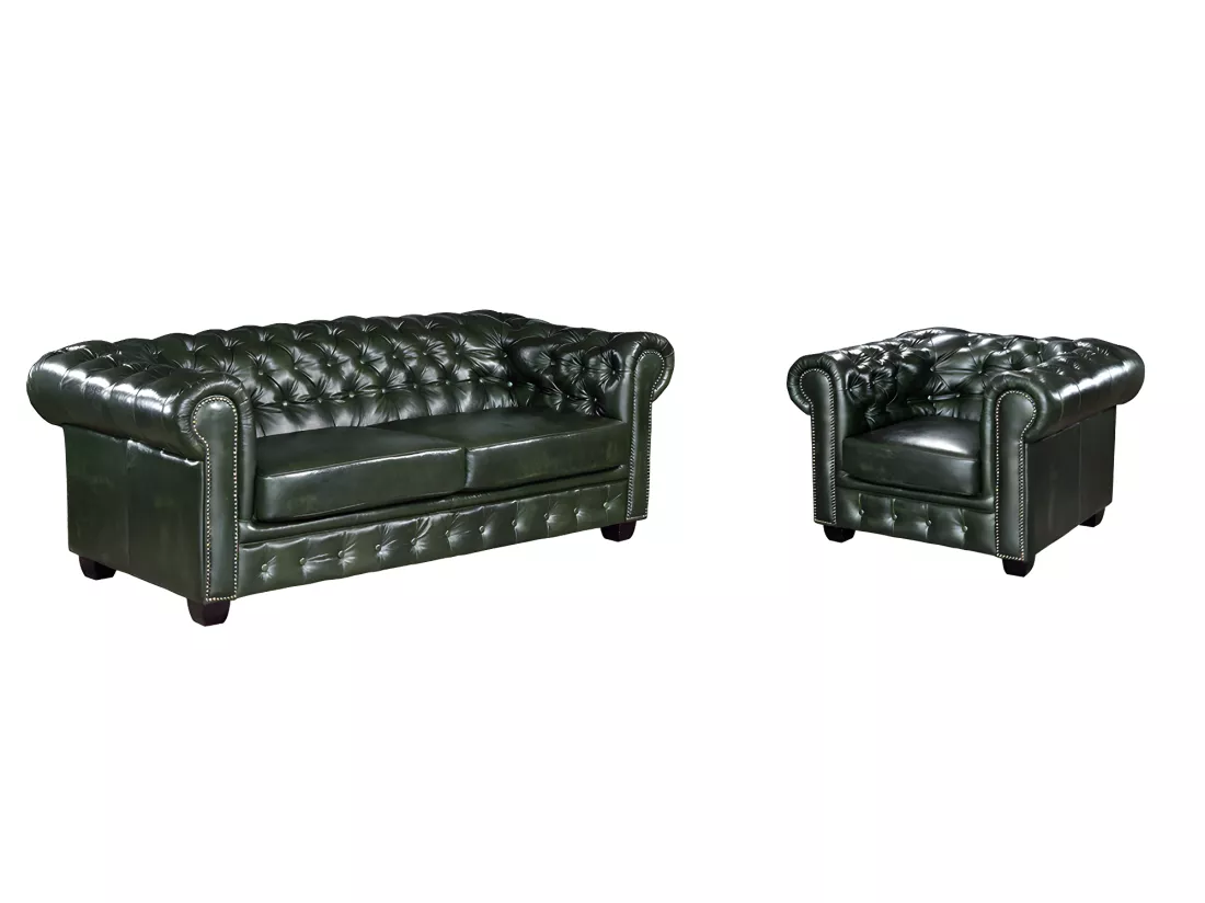 Canapé chesterfield 3 places et un fauteuil BRENTON 100% cuir de buffle - Vert empire