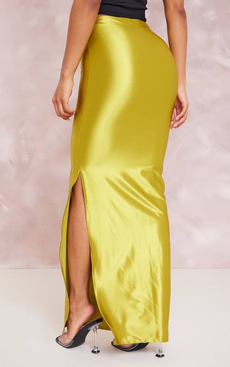 Vert Olive Jupe Longue En Satin Stretch Avec Fente Latérale