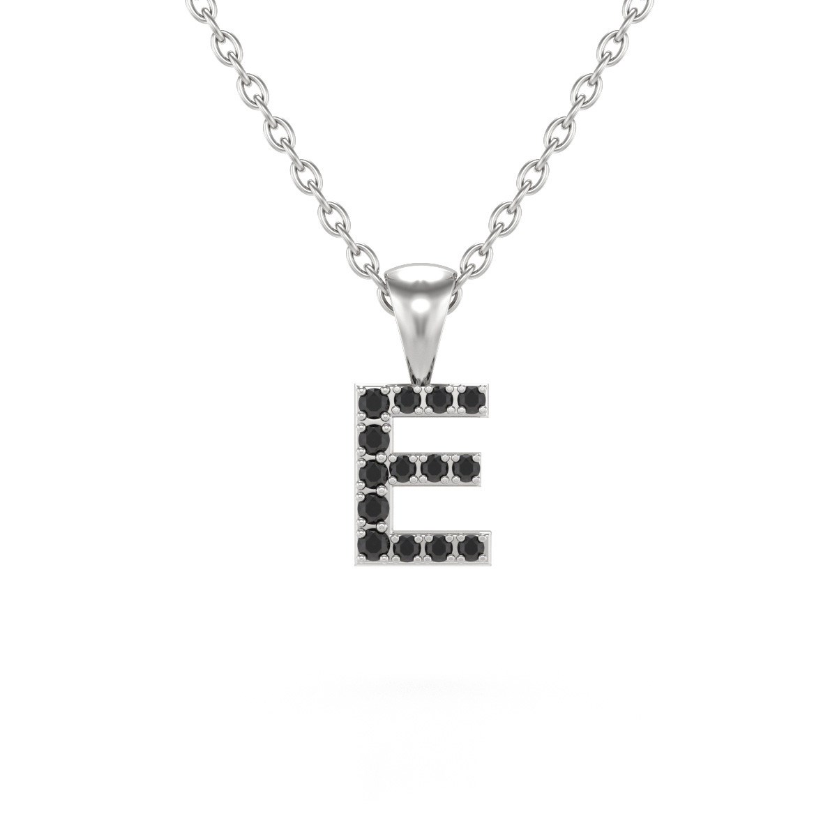 Collier Pendentif ADEN Lettre E Or 750 Blanc Diamant Noir Chaine Or 750 incluse 0.72grs