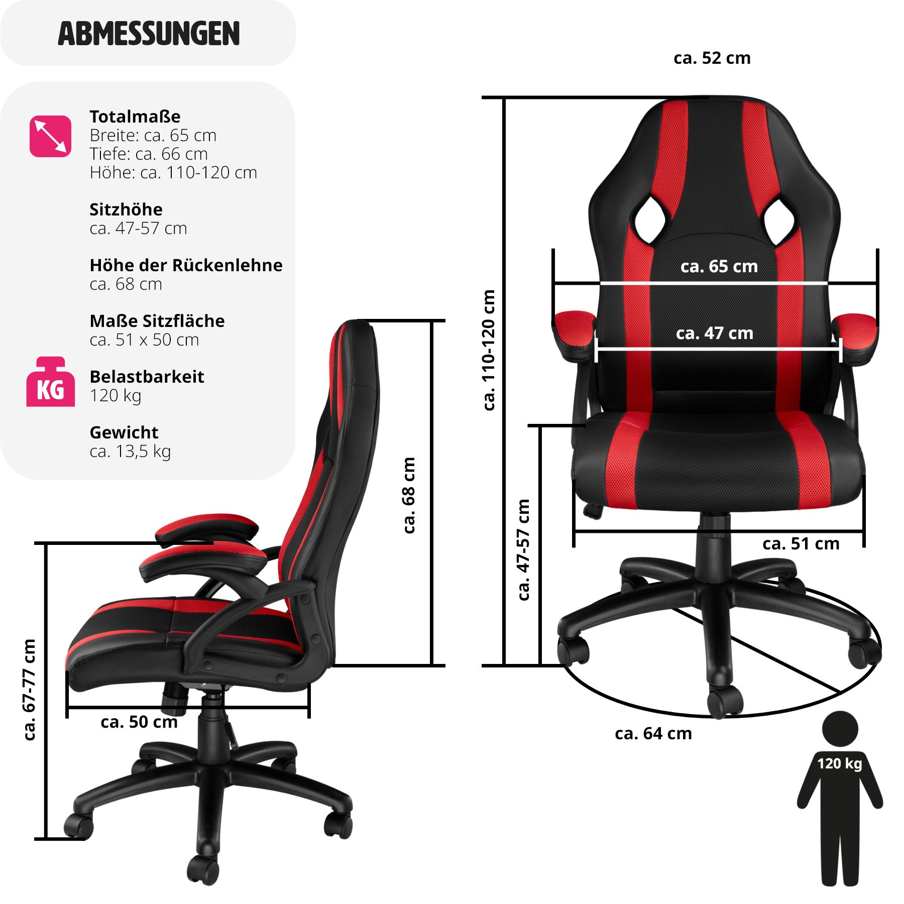 tectake® Bürostuhl, ergonomische Form, Kunstlederbezug mit Mesh-Gewebe, Belastbarkeit 120 kg
