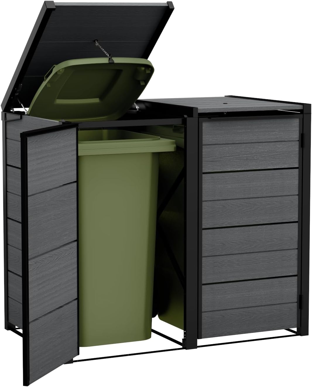 Koll Living Mülltonnenbox Hide Away | 480 Liter, flexibel erweiterbar | Stahlrahmen | mit Gasdruckfedern | Anthrazit | naturgetreue Holzoptik | wetterfest & wartungsfrei | belüftet