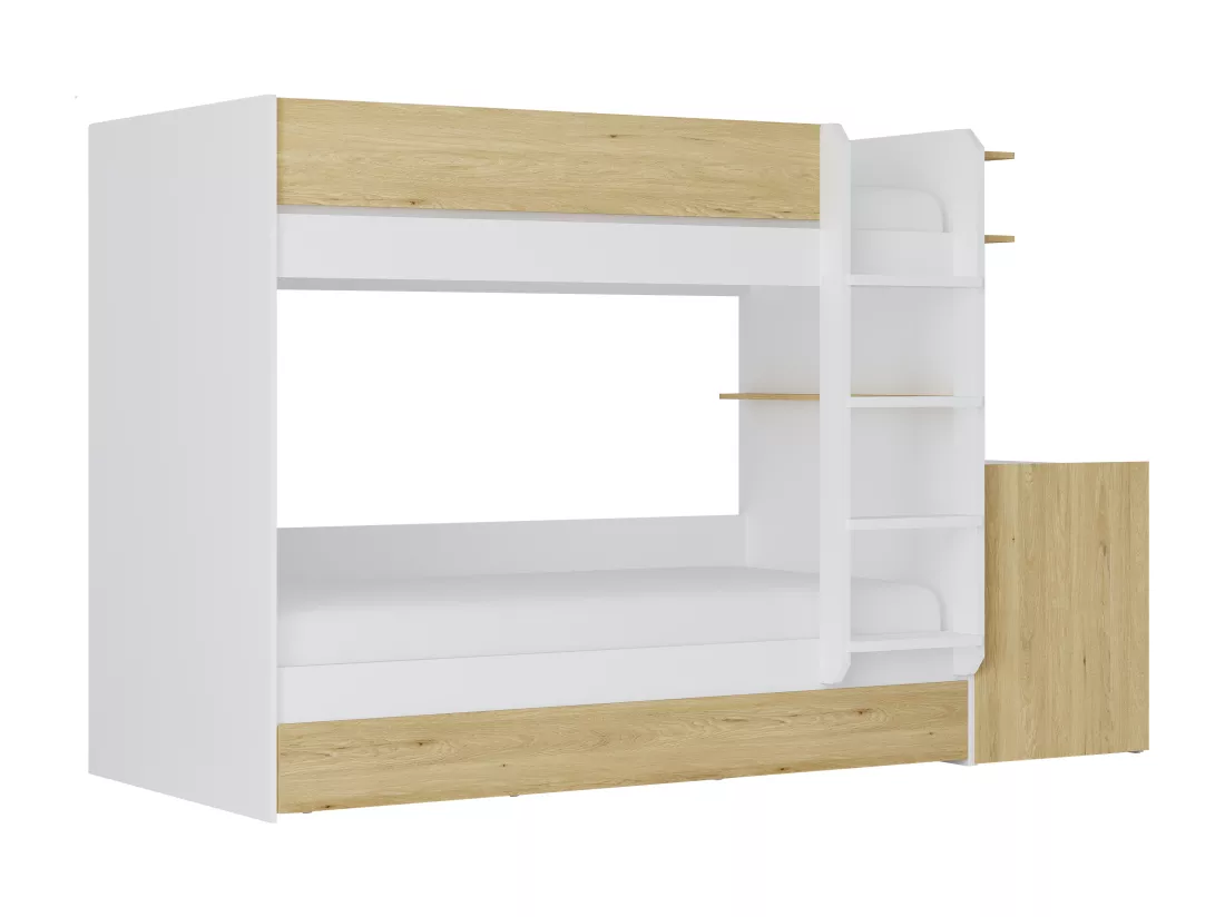 Lit superposé avec tiroir lit gigogne et 2 bureaux 3 x 90 x 190 cm - Coloris : Blanc et naturel - DOMATI
