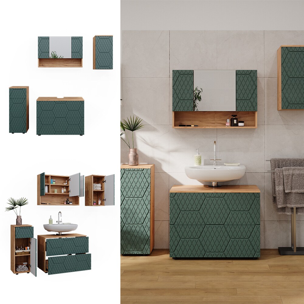 Vicco Badmöbel-Set Irma Eiche Grün 4-teilig Midischrank 81 cm Hängeschrank