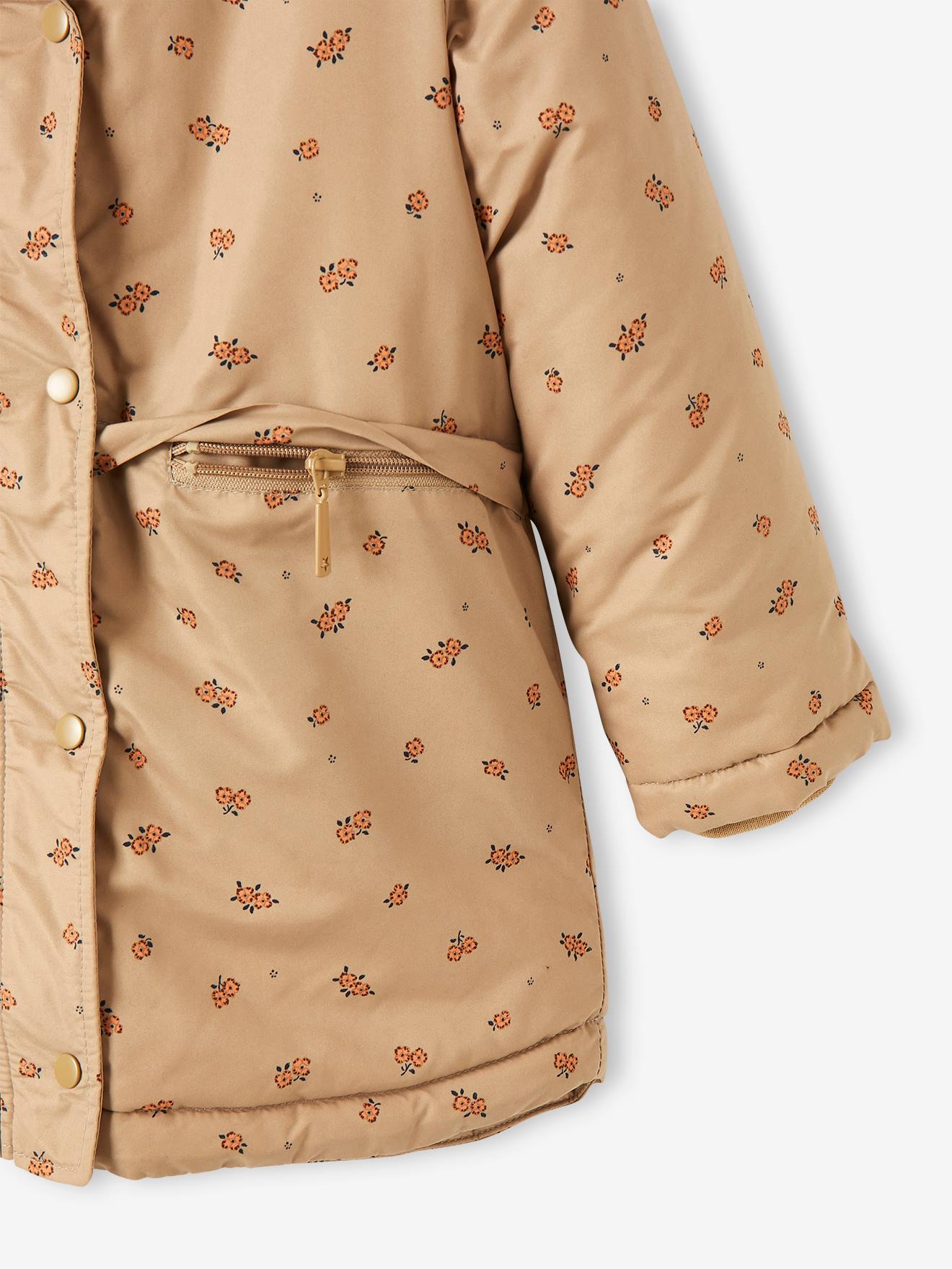 Parka azul-escura estampada com capuz e forro de sherpa para meninas