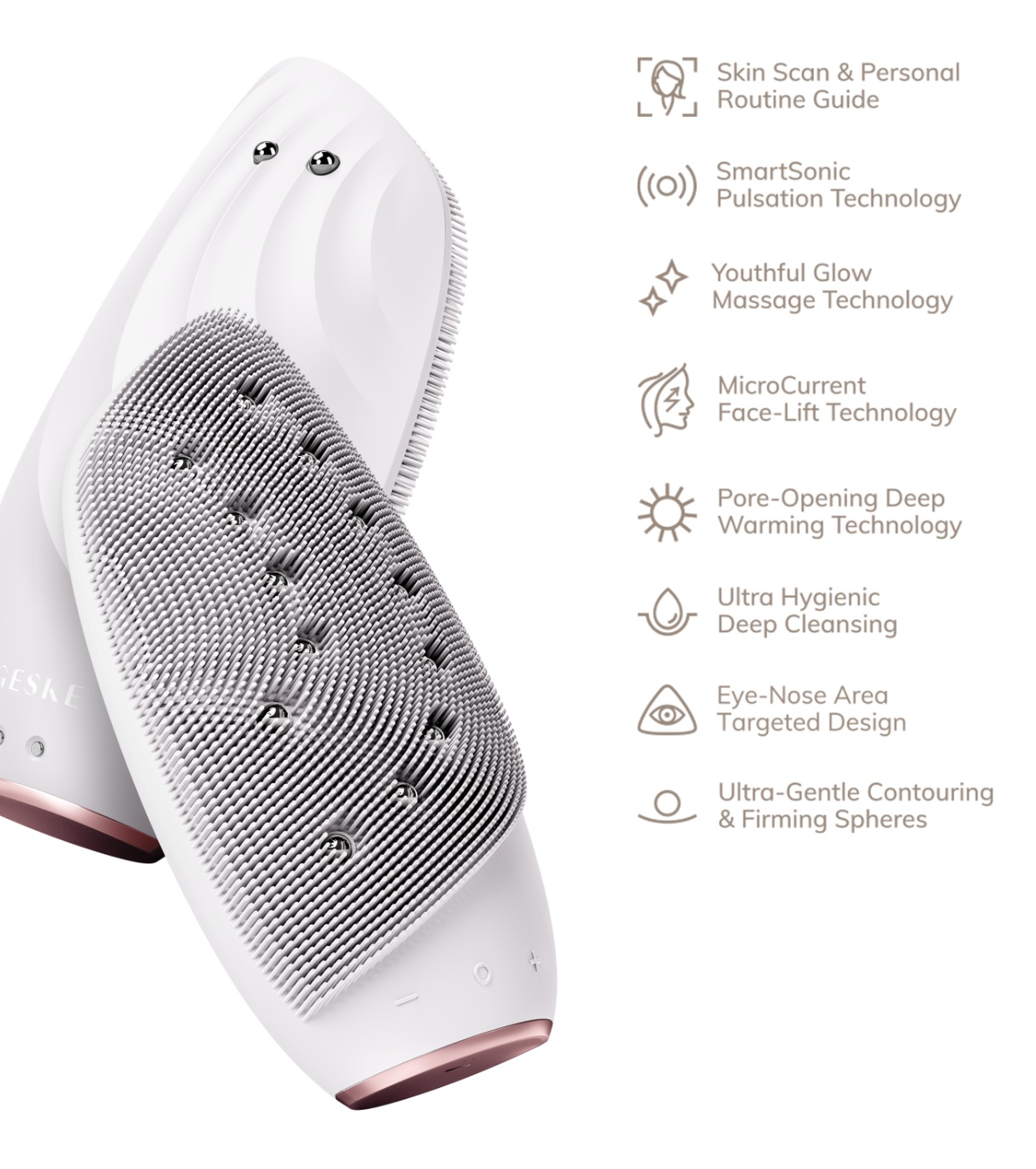 GESKE - Escova de Limpeza Facial e Massageadora Sonic Thermo Face-Lifter  8 em 1 - Branco Rosa Ouro