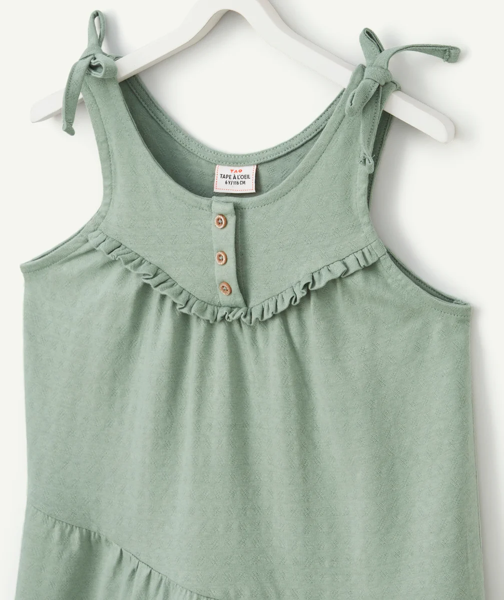 ROBE A BRETELLES FILLE VERTE EN COTON BIO AVEC VOLANTS