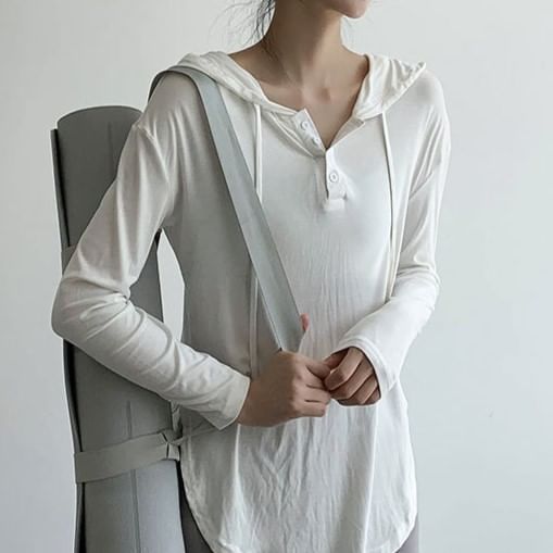 Bolgivy - Sporttop met lange mouwen, halfgeknoopt, capuchon en effen kleur