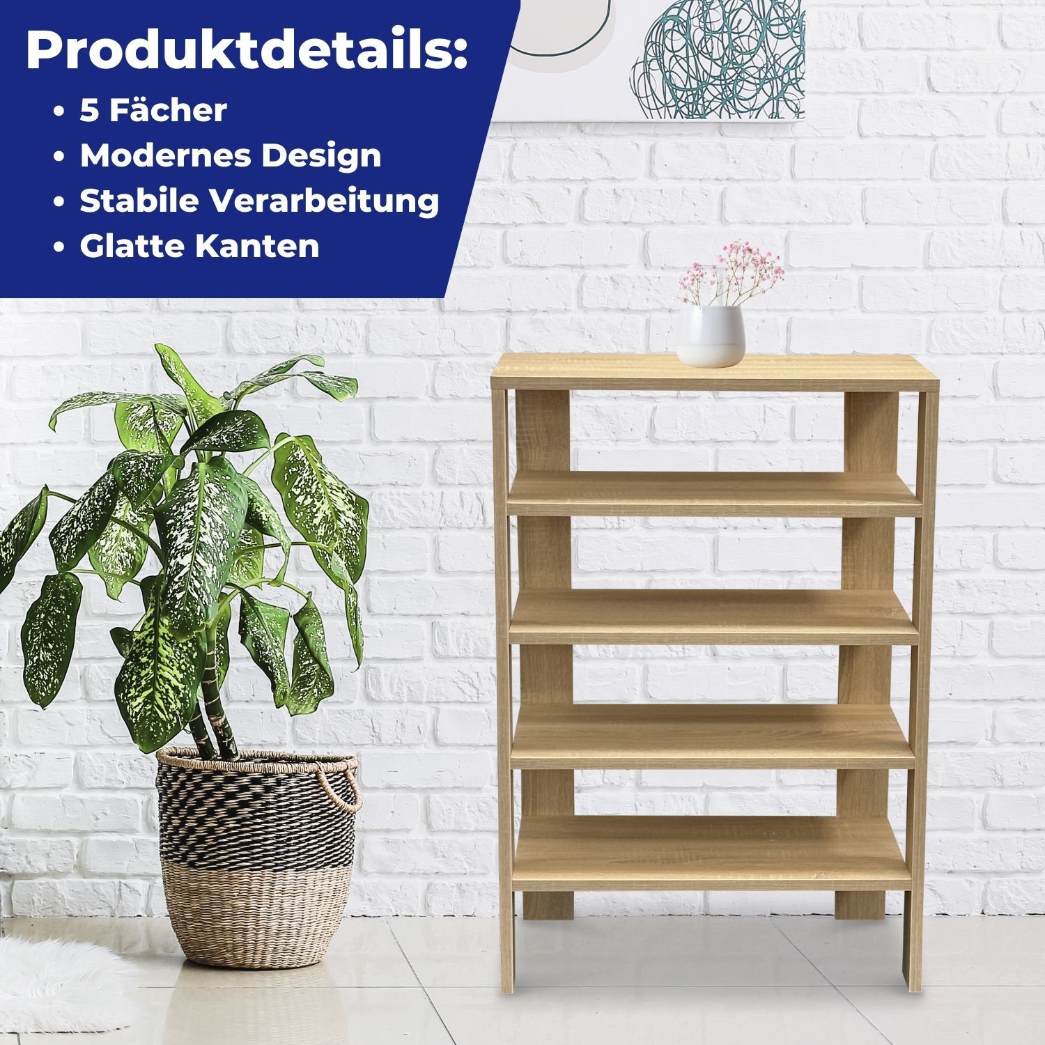 Coemo Schuhregal Charlie 60x32x87cm Natur 5 Ablagen