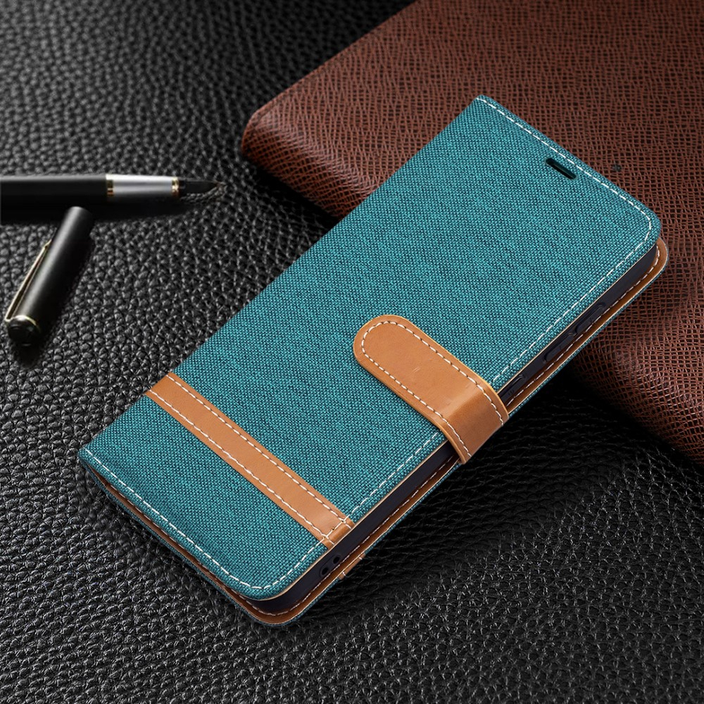 Samsung Galaxy S21 FE 5G Stoff Tasche im Jeans Look mit Kartenfach   Magnetverschluss - Grün / Braun