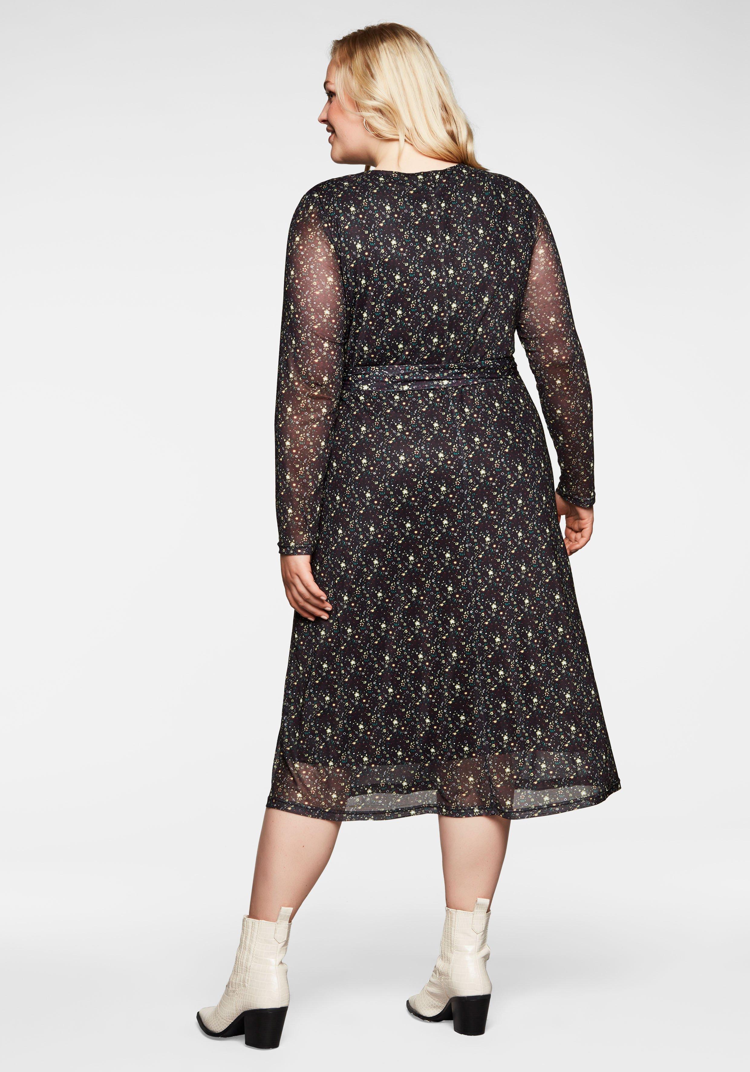 Mesh-Kleid mit Millefleurs-Druck und Bindegürtel