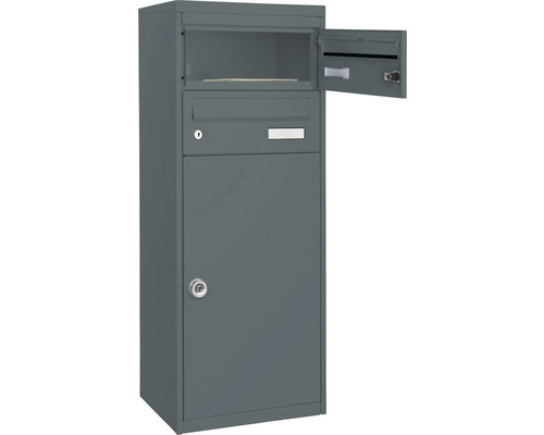 MEFA pakketbrievenbus, gepoedercoat staal, BxHxD 410/1025/325 mm, Mana 482, basaltgrijs RAL 7012, zijdemat, toegang aan de voorzijde, 3 compartimenten met 2 naamplaatjes