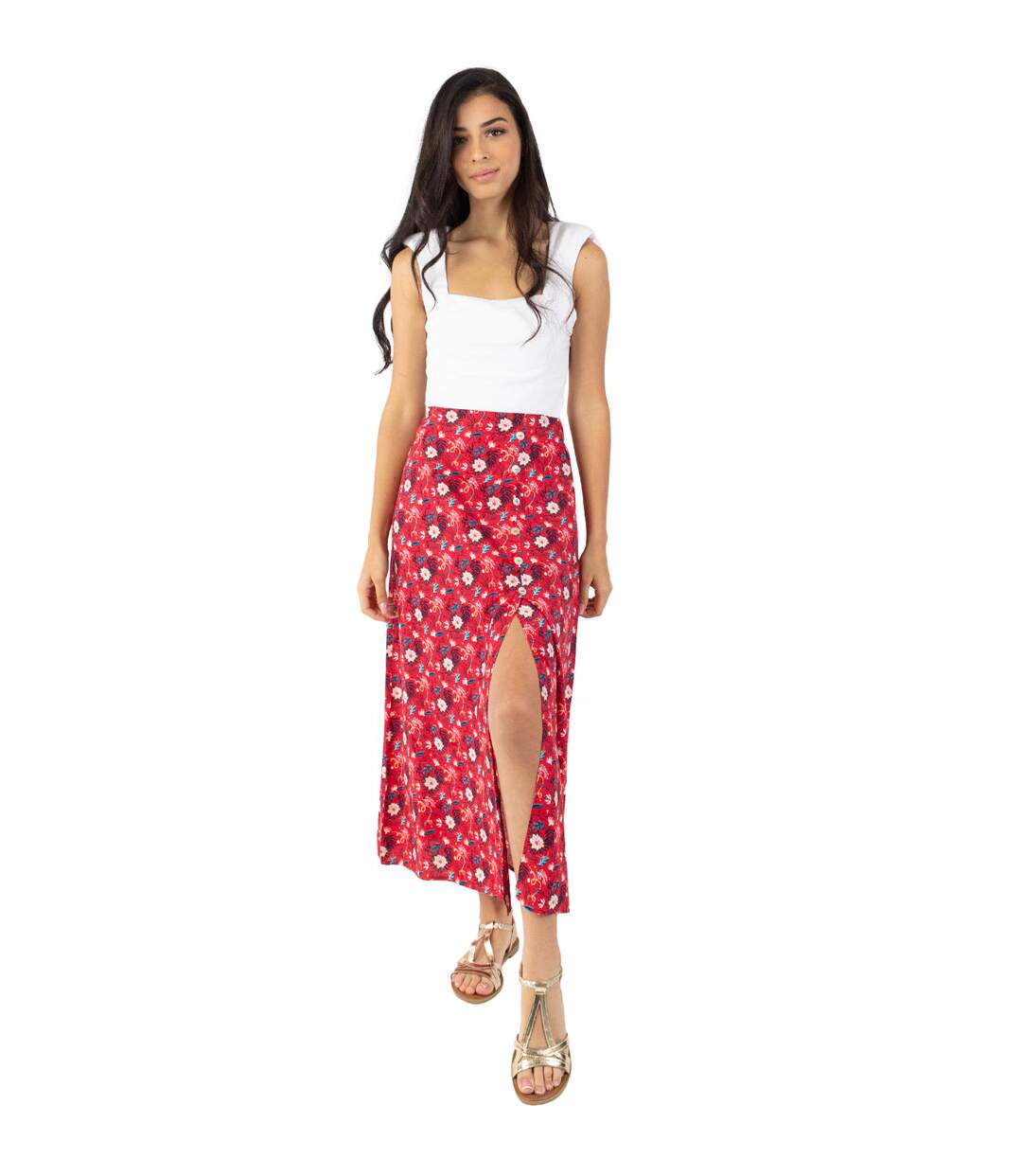 Jupe longue fendue boutonnée LIBERTY fleurie rouge Coton Du Monde