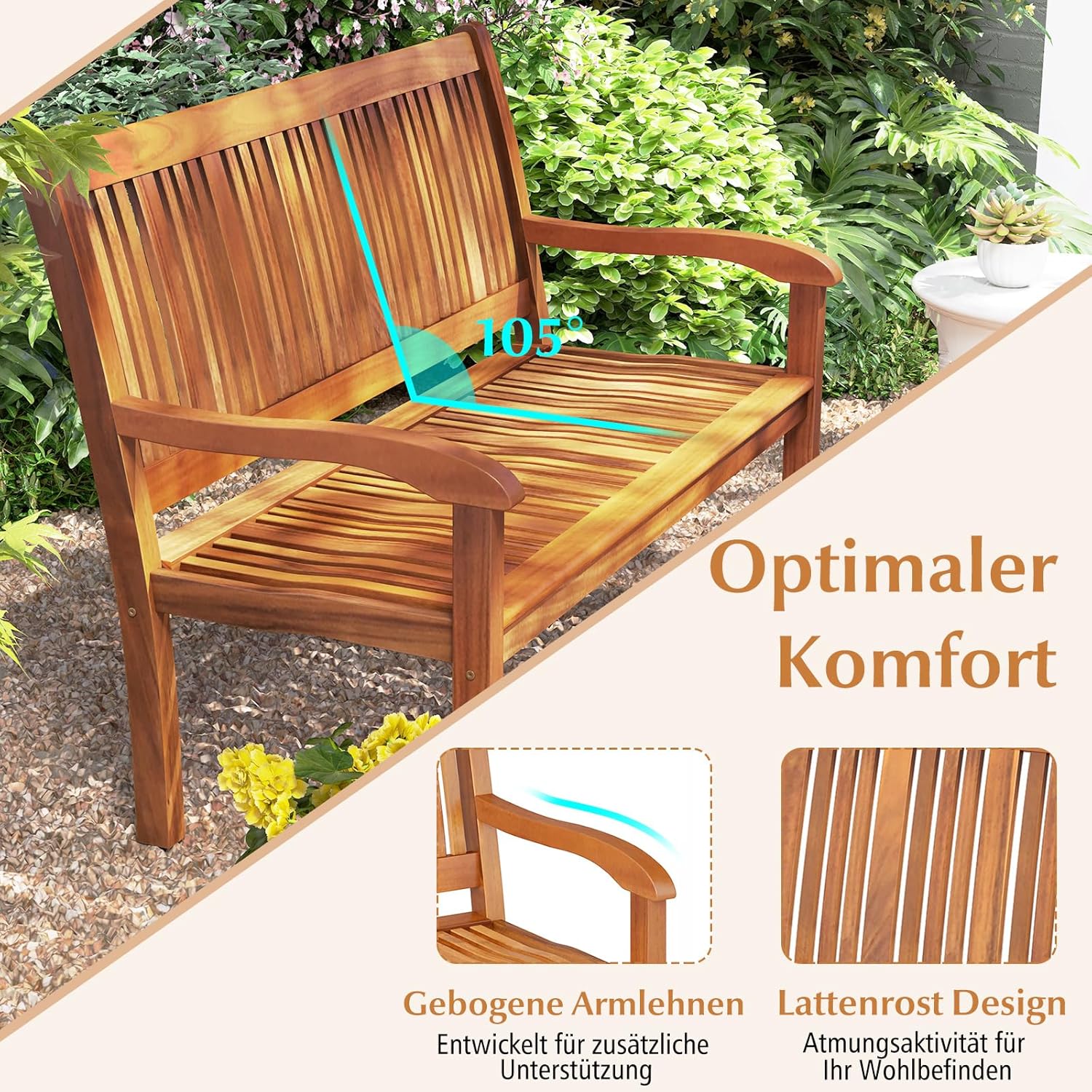 COSTWAY Gartenbank Holz, Holzbank wetterfest, Sitzbank für 2-3 Sitzer, Balkonbank aus Akazienholz bis 320 kg belastbar, Parkbank für Terrasse, Balkon, Garten, FSC®-Zertifiziert, 126 x 63 x 91 cm