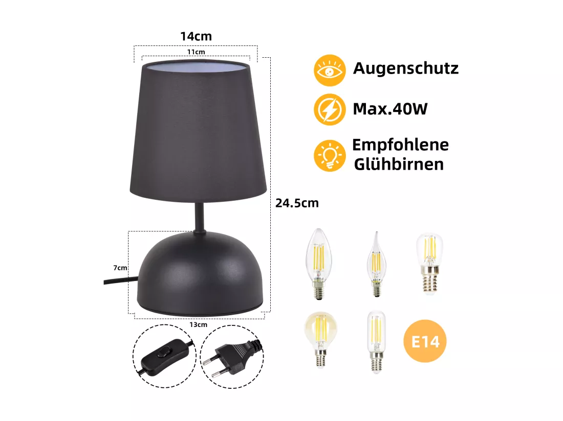 NETTLIFE Lampe de table de chevet lot de 2 avec câble noire petite tissu design moderne