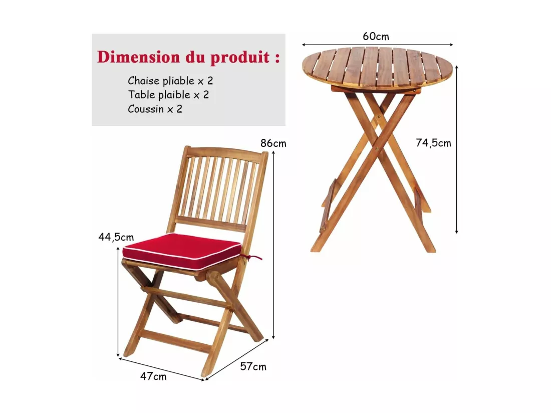 Ensemble de Table et Chaises en Bois d’Acacia, Comprenant 1 Table et 2 Chaises, Coussins Rembourrés, Ensemble de Mobilier de Terrasse pour Intérieur et Extérieur (Rouge+Naturel)