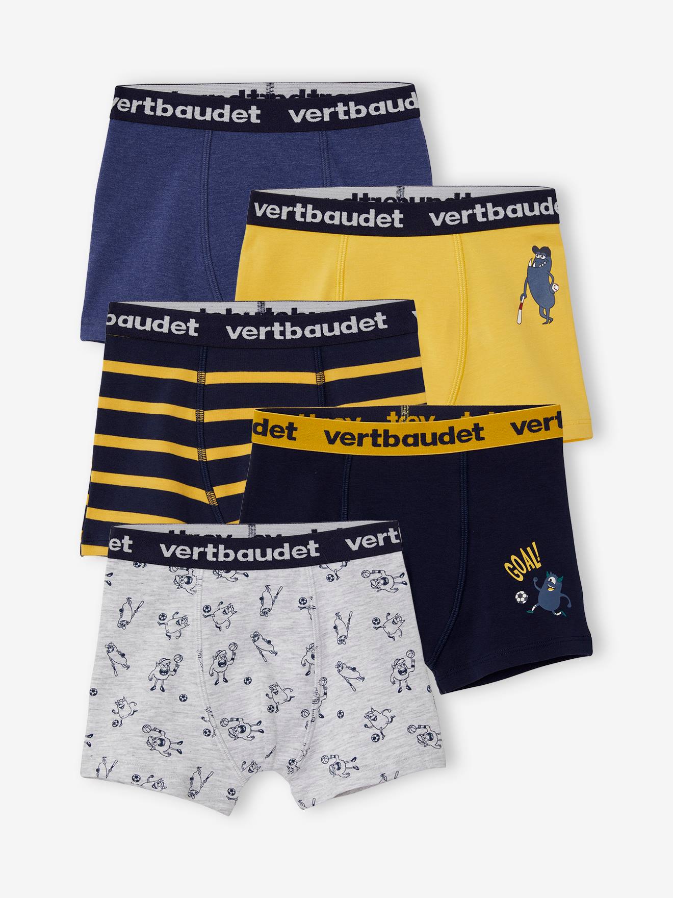 Pacote com 5 cuecas boxer elásticas com estampa de monstros para meninos, lisas, azul-escuras com detalhes.