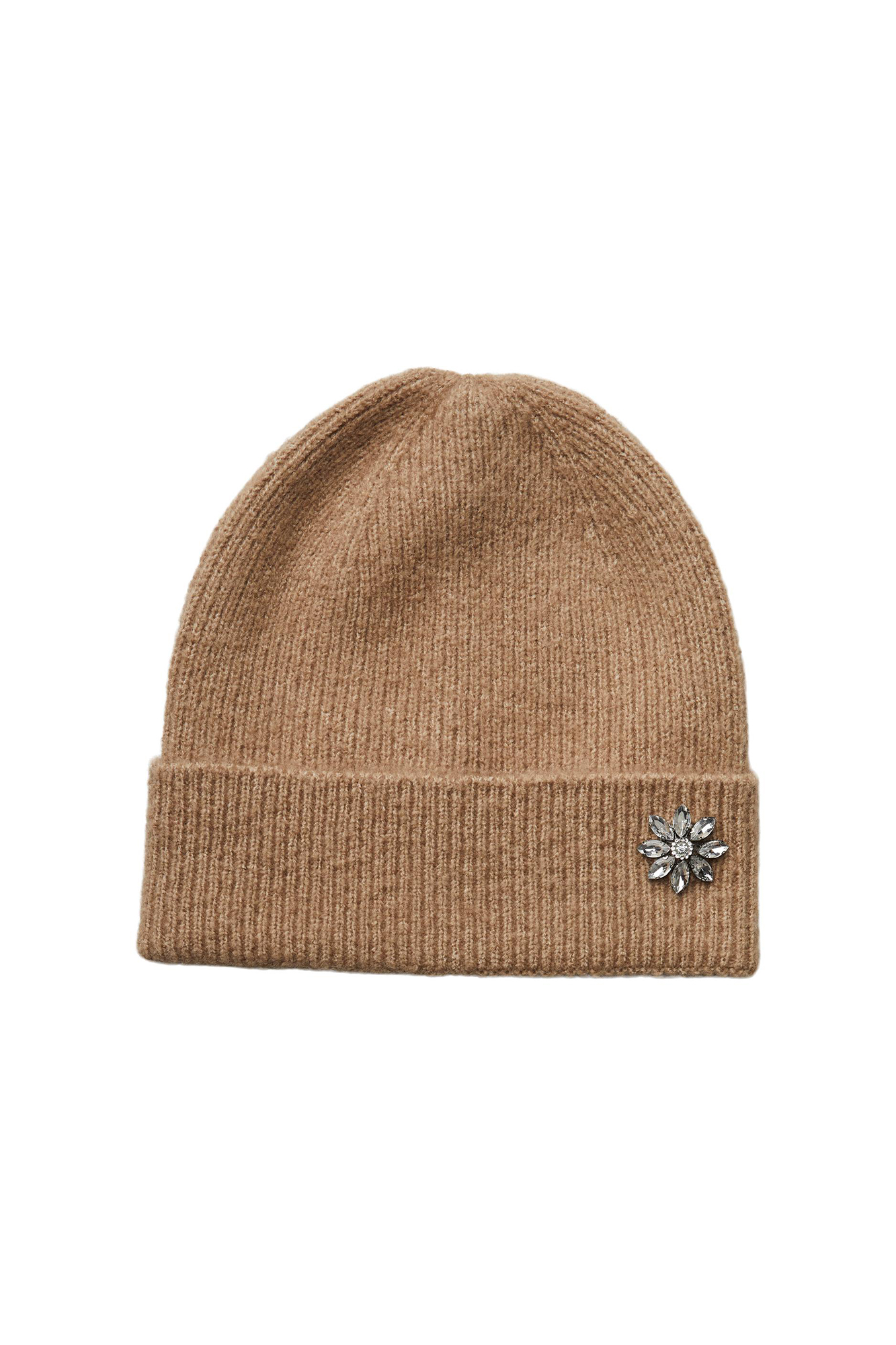 Gorro de tricô com detalhe em lurex. Estampa de flor em formato de diamante em um dos lados. Textura macia e aba dobrada.