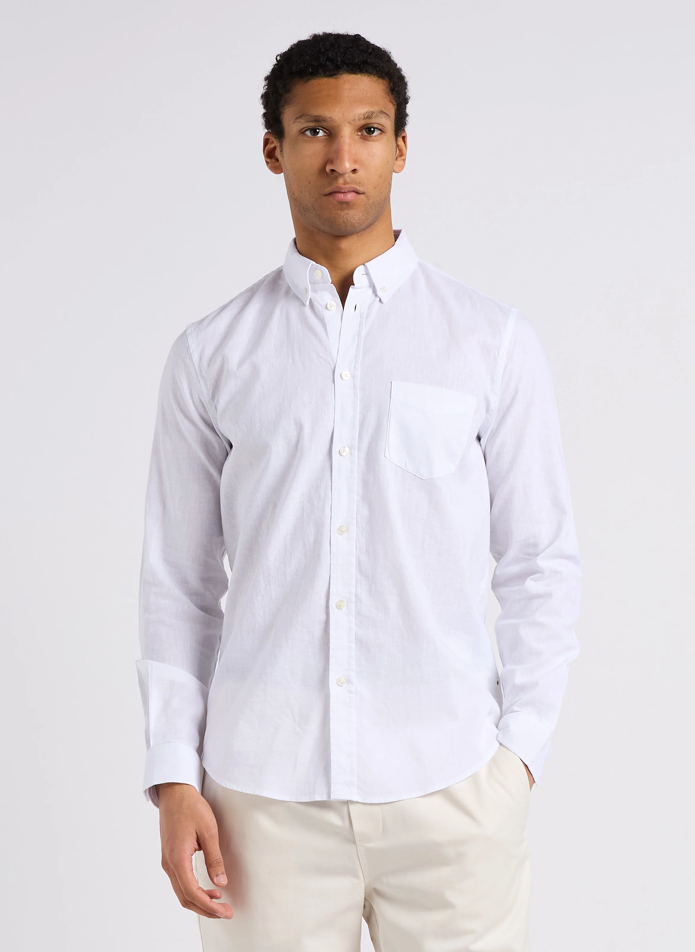 LIAM - Chemise col américain regular-fit en lin et coton | Blanc