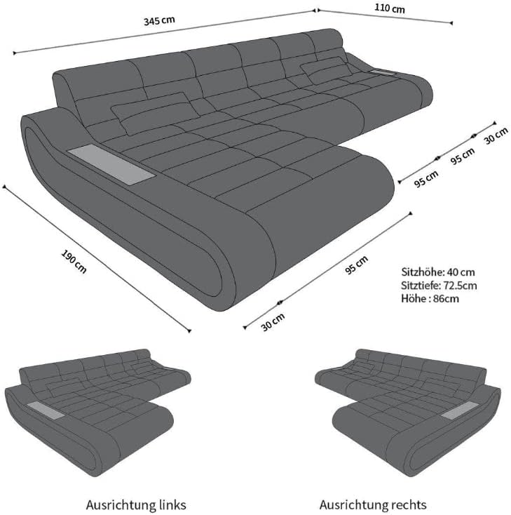 Sofa Dreams Ecksofa Concept lang - mit LED Beleuchtung, Ottomane/Mikrofaser/Ausrichtung wählbar (Ottomane Links, Schwarz-Aprico)