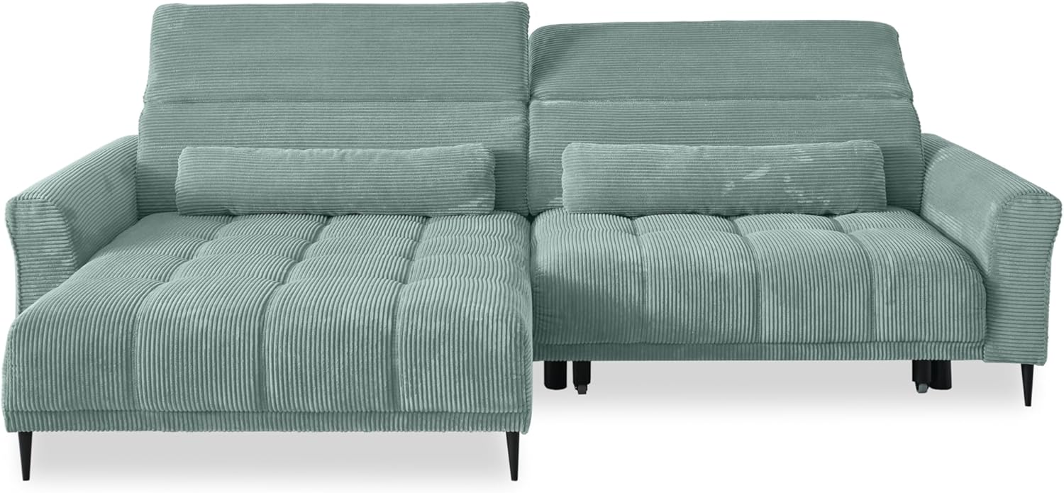 möbelando Wohnlandschaft >Wolve< elektr. Sitzverstellung, 2 Kissen, Cord Mint - 277x108x179cm (BxHxT)