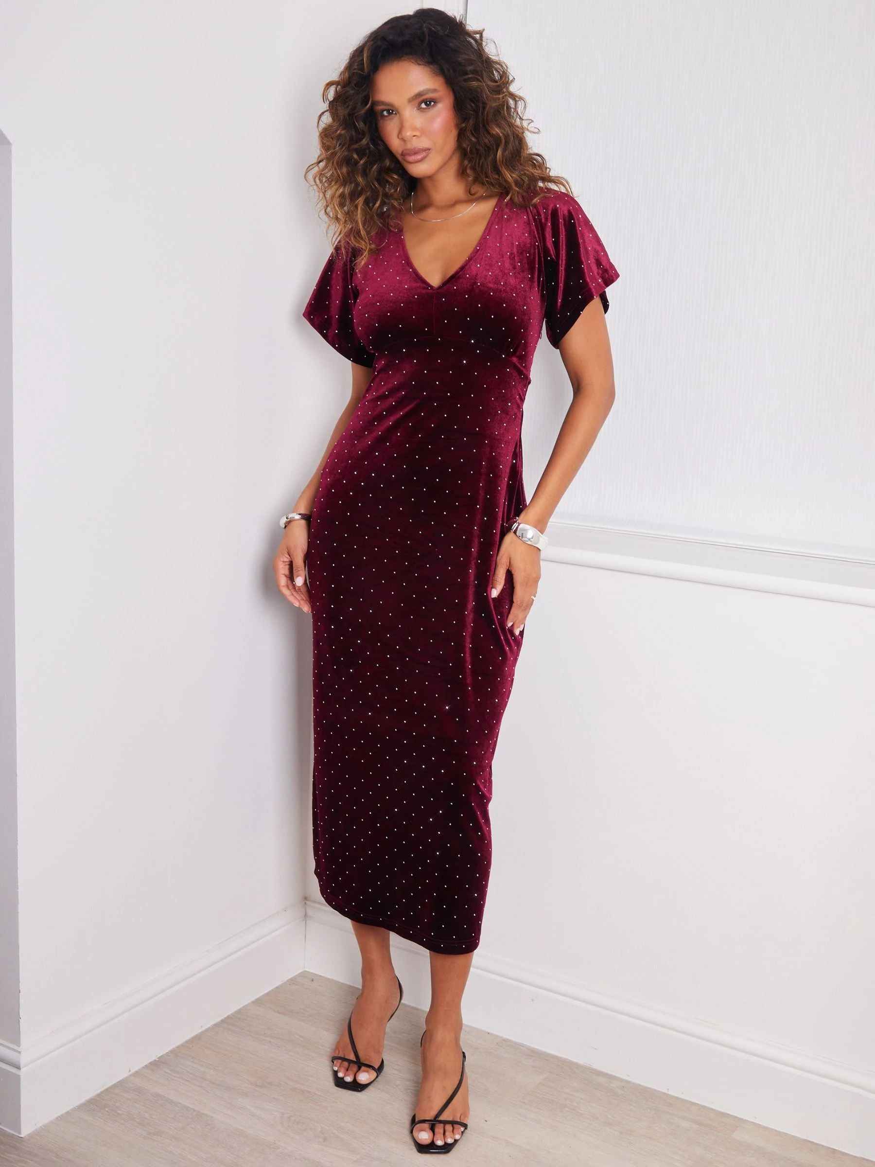 Rood - Threadbare Velvet Hotfix Underbust Midaxi Dress
