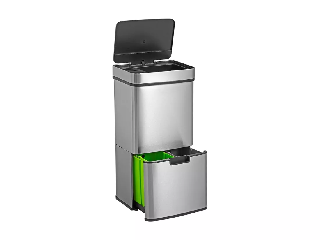 WELL HOME Poubelle de tri 72L (47L+25L), poubelle à 2 compartiments, ouverture automatique avec capteur, en inox, chromé