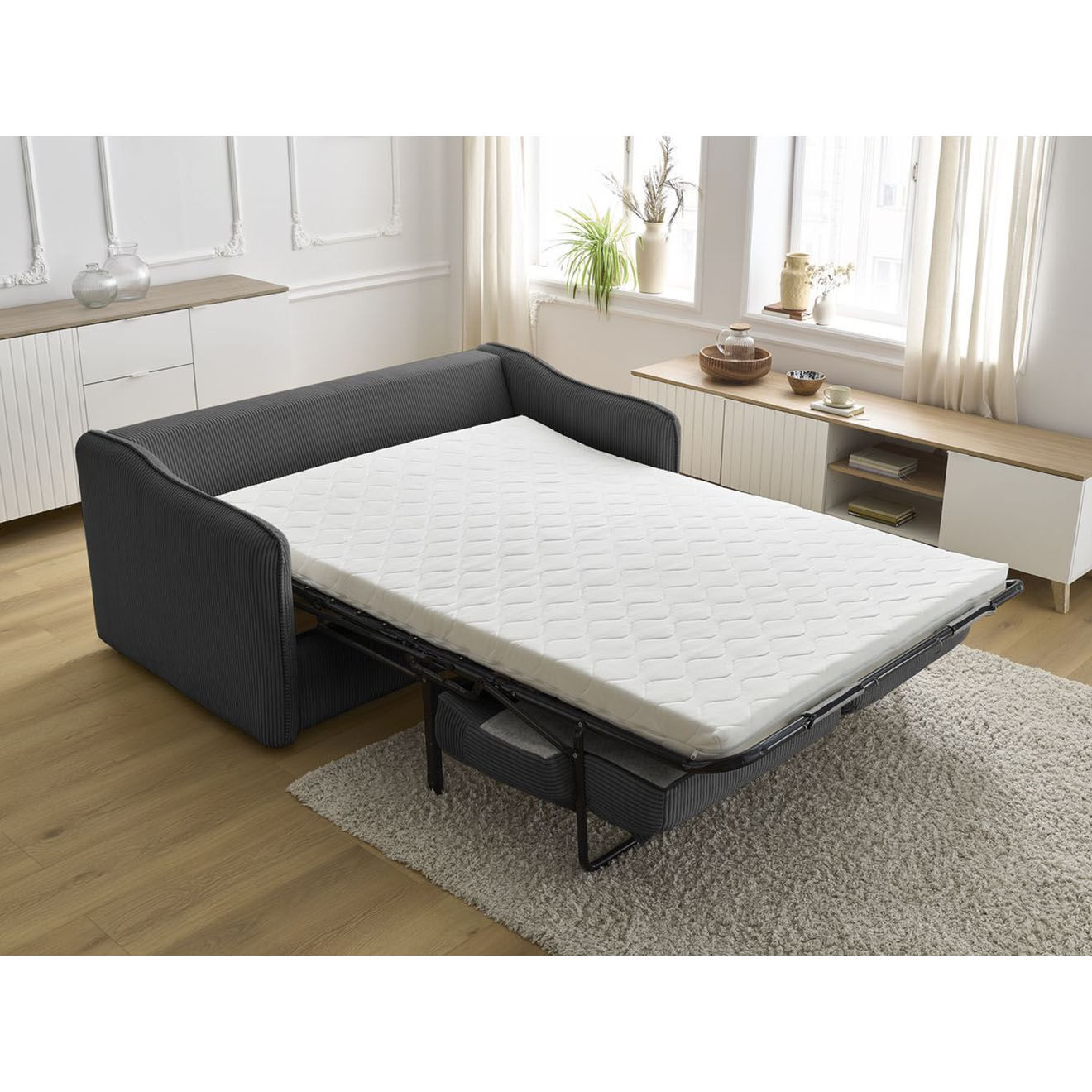 Bobochic Canapé droit convertible express en Velours côtelé 3 places Lenny gris foncé - 178x102x89 cm