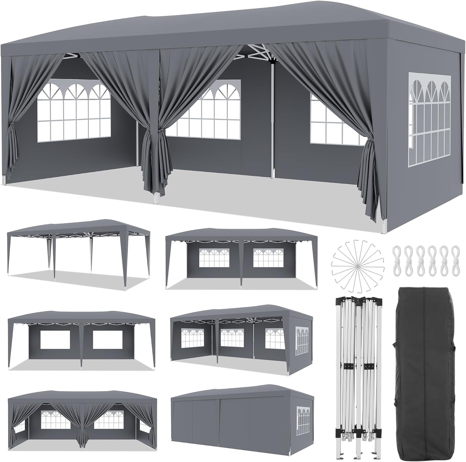 Heavy Duty Pavillon 3x6 m Mit 6 Abnehmbaren Seitenwänden, Easy Pop Up Kommerzielle Partyzelt, Große Außenüberdachungen Mit 3 Verstellbaren Höhen, Dunkelgrau, 210D