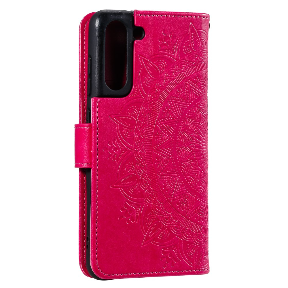 Samsung Galaxy S21 FE 5G Leder Tasche Wallet - Mandala Flowers Imprint - Rot / Pink