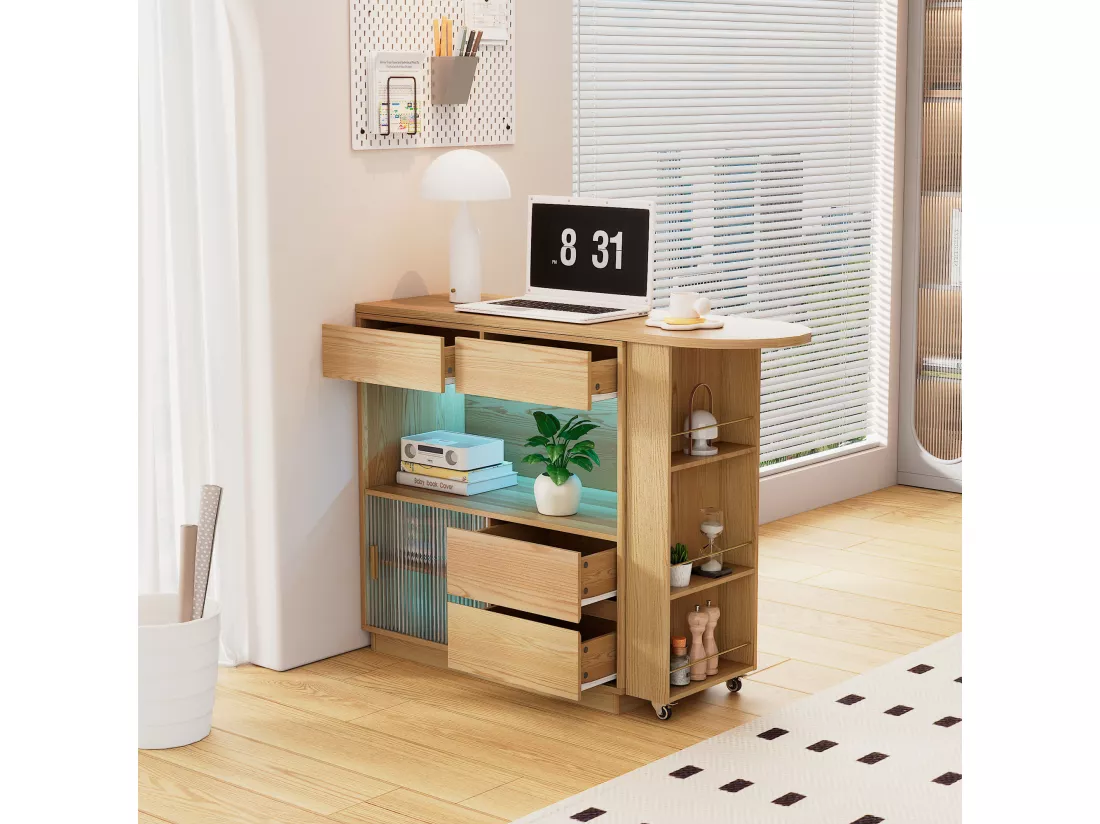 Bureau d'angle avec armoire de rangements - Plateau de table rotatif et rétractable- avec LED - Naturel