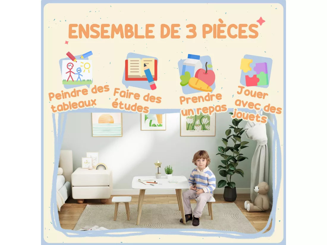 Ensemble table 2 tabourets enfant design scandinave - 3 pièces - piètement effilé bois MDF blanc