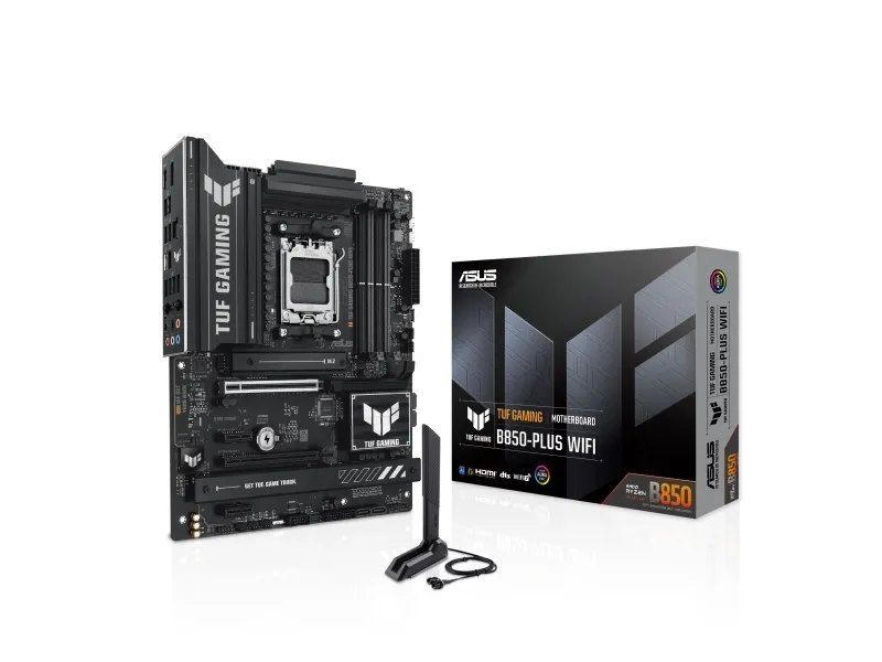 ASUS TUF GAMING B850-PLUS WIFI - Bundkort - ATX - Socket AM5 - AMD B850 Chipset - USB-C 3.2 Gen 2x2, USB-C 3.2 Gen2, USB 3.2 Gen 2, USB 3.2 Gen 1 - 2.5 Gigabit LAN, Wi-Fi 7, Bluetooth - onboard grafik (CPU påkrævet) - HD Audio (8-kanaler)