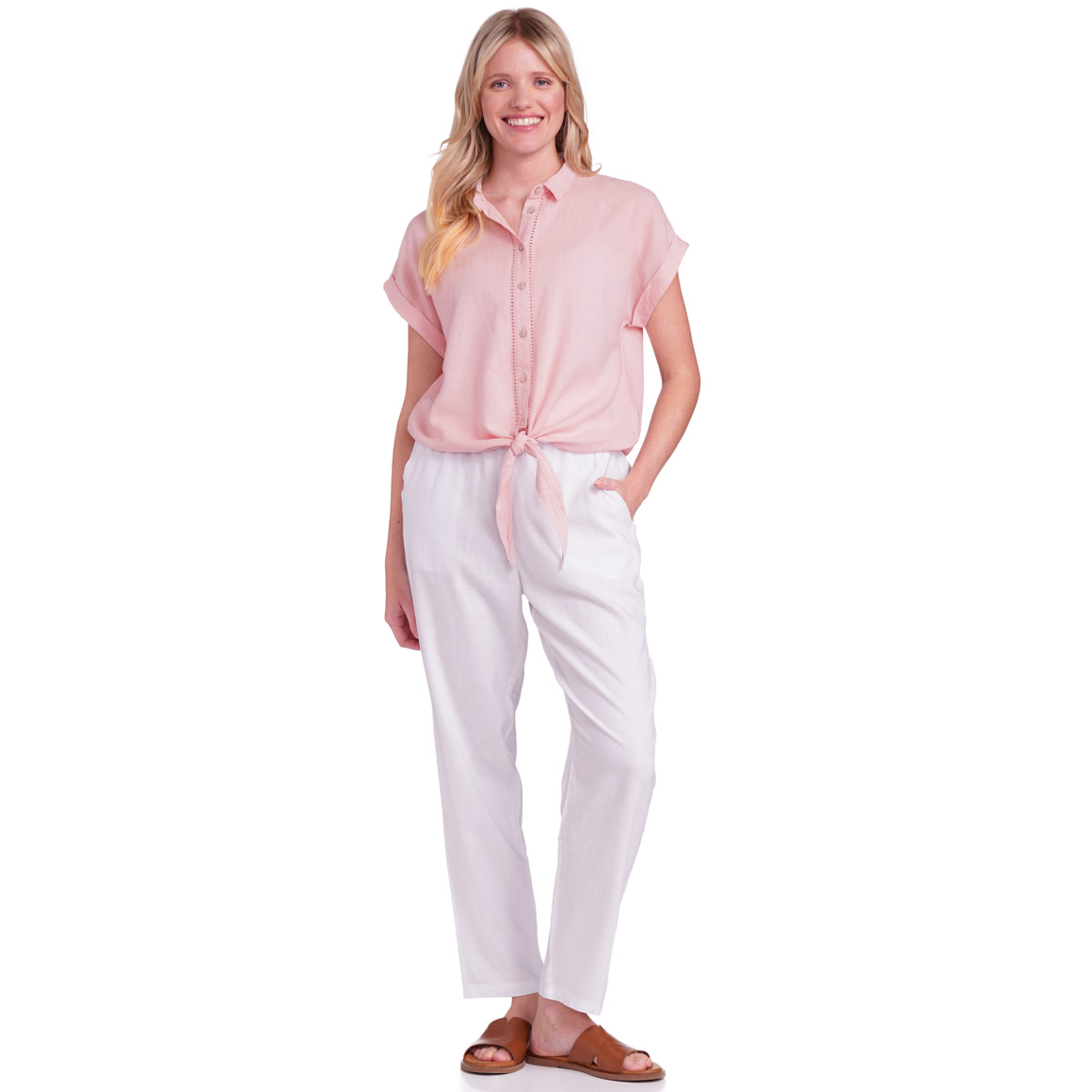 Gina Benotti Damen Leinen-Bluse mit Knotendetail rosa