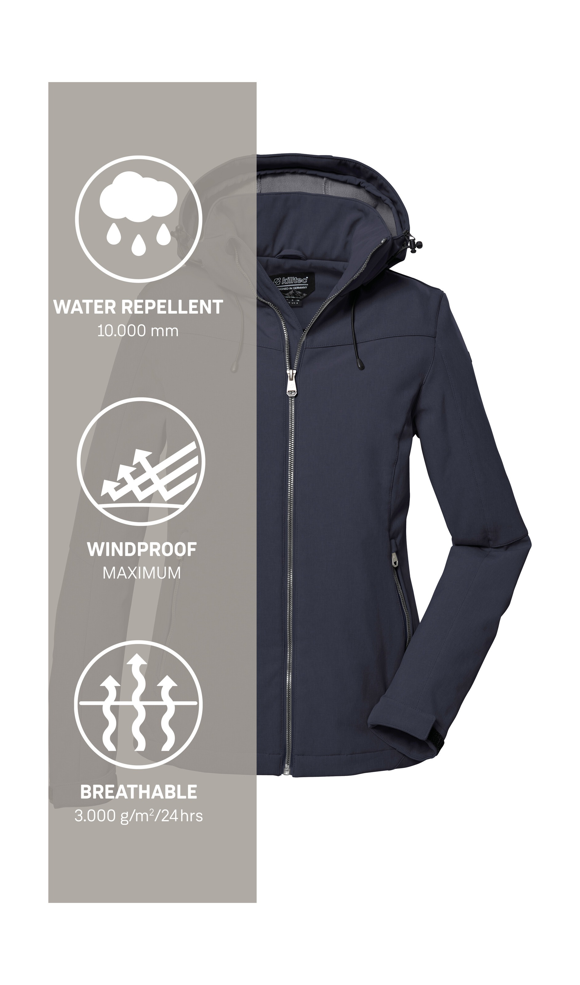 Killtec Softshelljacke »Damen Softshelljacke« Wasserabweisende, winddichte Softshelljacke mit abnehmbarer Kapuze