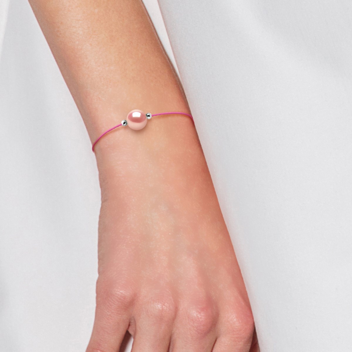 Bracelet LOVE LINK Perle d'Eau Douce Ronde 9-10 mm Rose Lien Nylon Rose Argent 925