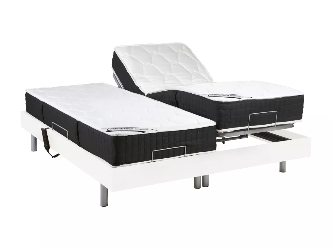 Lit électrique de relaxation tout plots + matelas ressorts ensachés et mémoire forme - 2 x 70 x 190 cm - Blanc - PHANES de YSMÉE