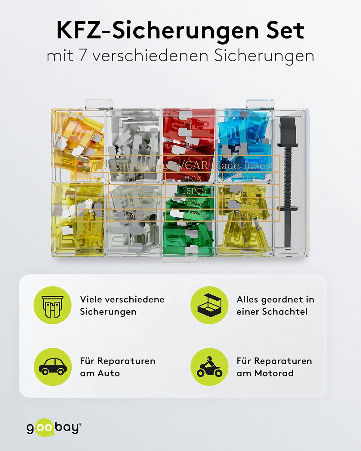 (101-tlg. Set) Auto KFZ Sicherungen Sicherungssortiment Standard Flachstecksicherungen mit Sicherungszieher (20342)