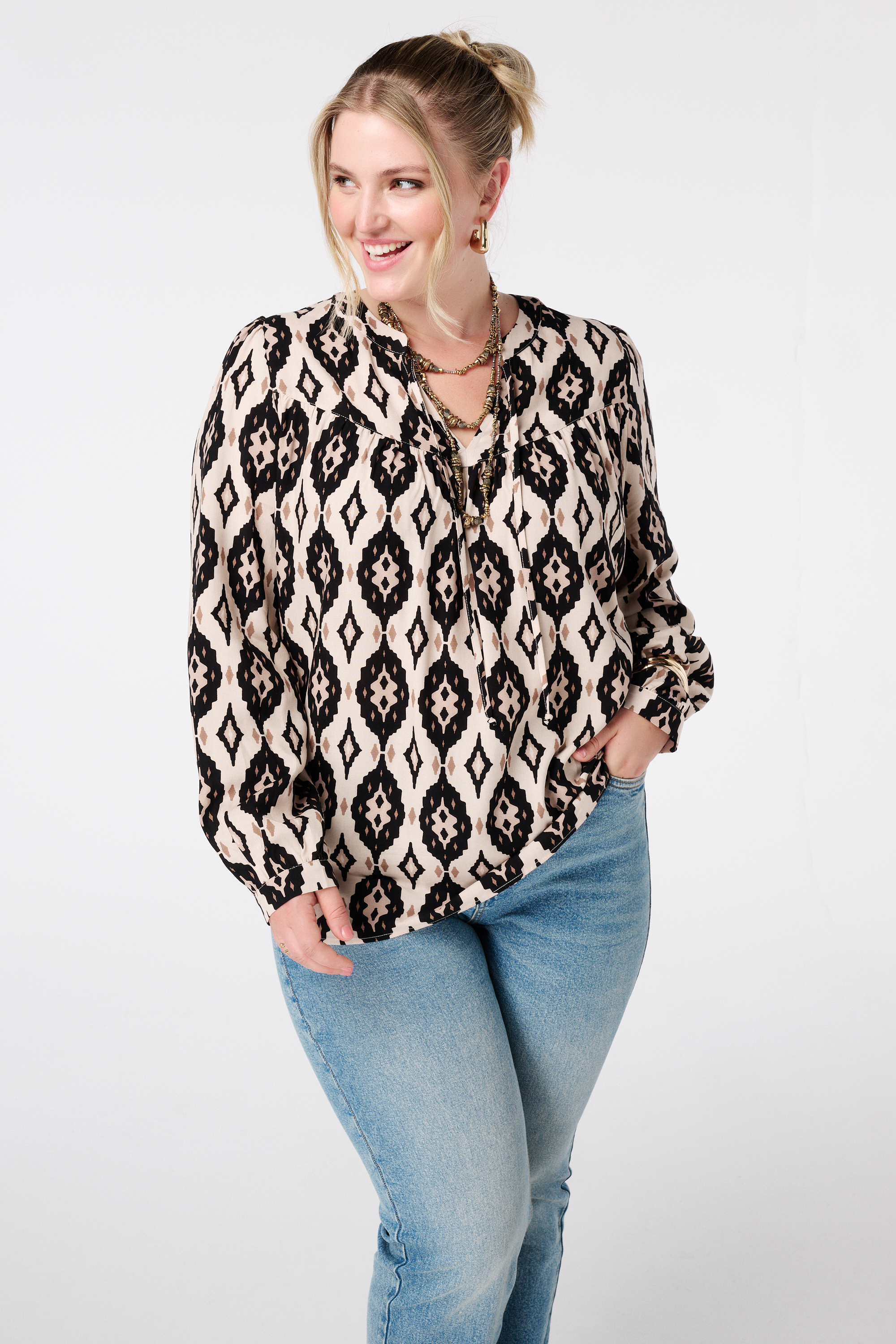 Blouse met print en klosjes Multi zwart-wit