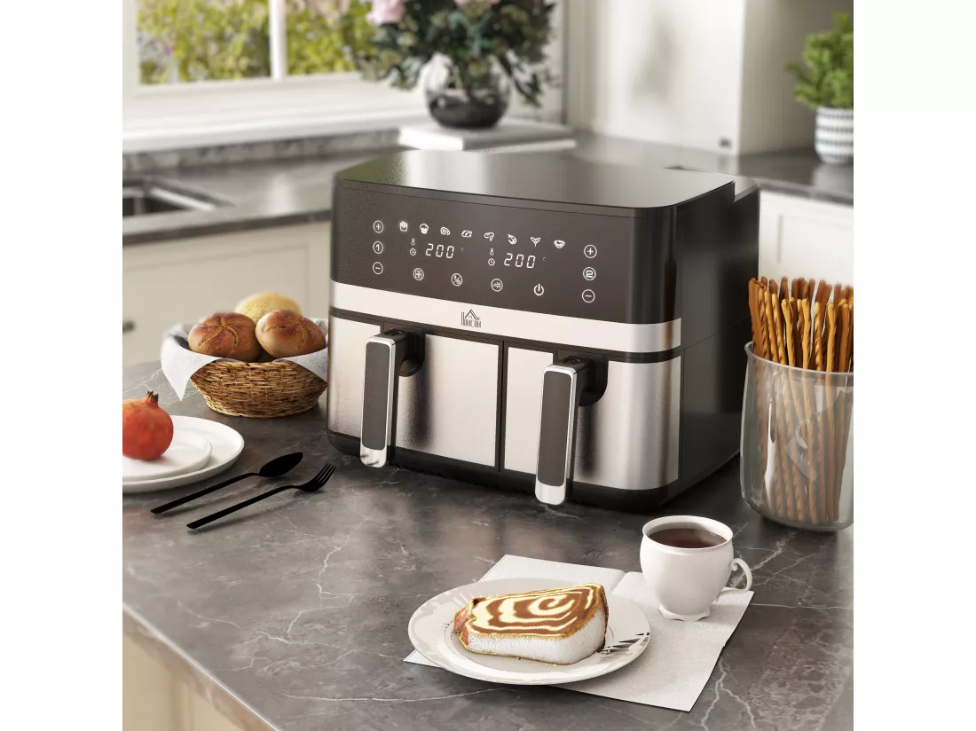 Friteuse à air 2700W - air fryer - double compartiment 8,5L - 8 programmes, température réglable, timer, 2 paniers - noir