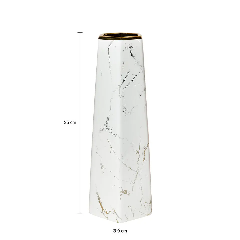 QUVIO Zeshoekige vaas, keramiek - Wit met goud marble look - M