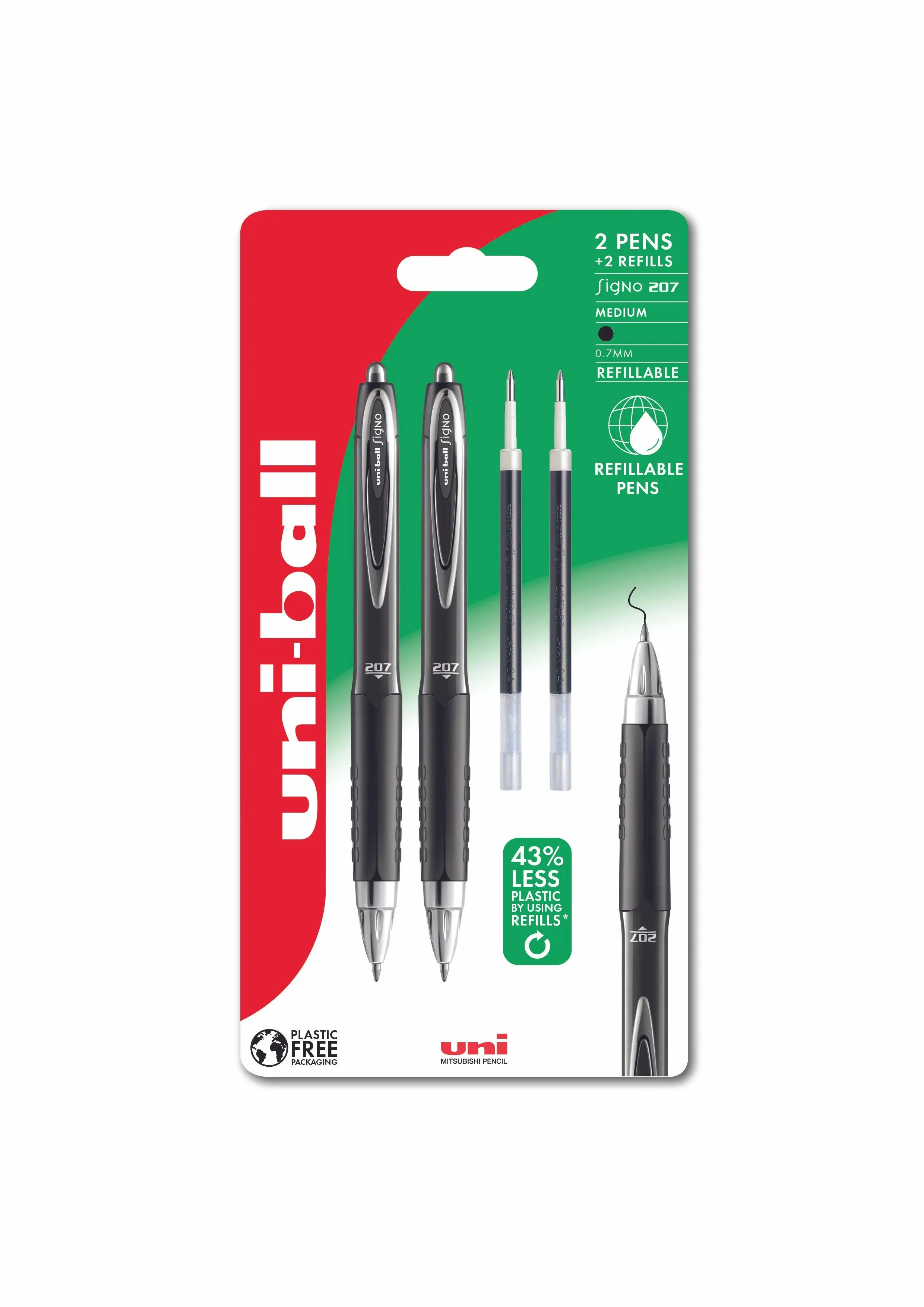 Rollerpen Uni-ball Signo 207 fine blå - 2 stk. rollerpenne   2 stk. refills - behageligt gummigreb, stregbredde 0,7mm