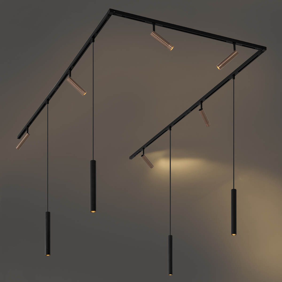 Modern railsysteem met 6 spots en 4 hanglampen donker brons 1-fase - Slimline Uzzy Keno